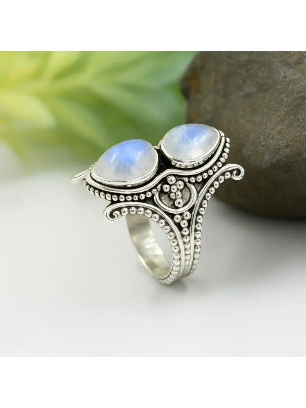 Bohemian Vintage 925 Sterling Silver Double Pear Cabochon Statement Ring